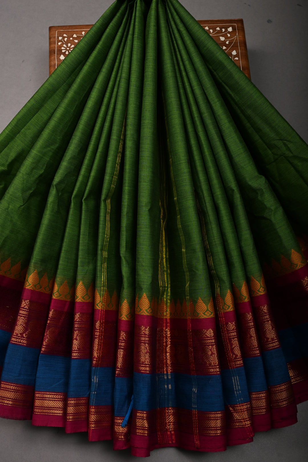 Parrot Green Kanchi Cotton Saree with Contrast Zari Borders | SHOBITAM