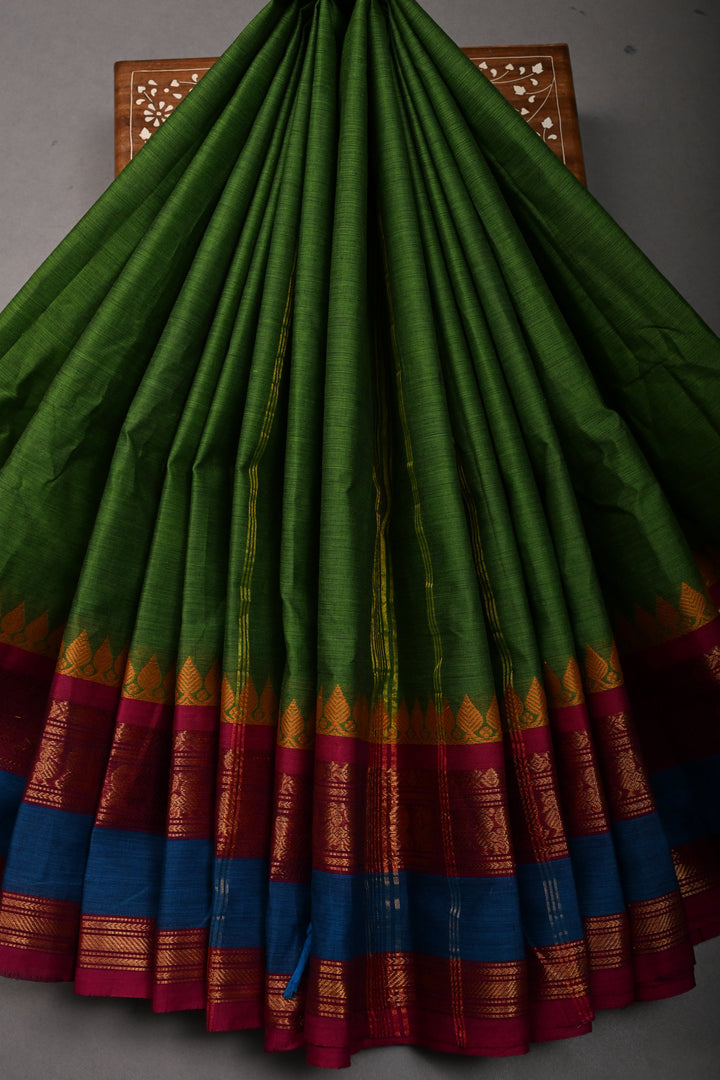 Parrot Green Kanchi Cotton Saree with Contrast Zari Borders | SHOBITAM