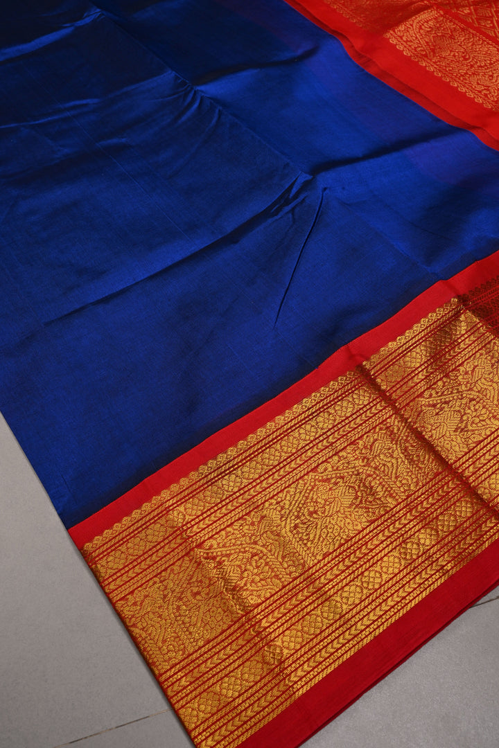 Sapphion Blue Korvai Kanchi Silk Cotton Handloom Saree with Checks Pattern and Contrast Zari Border