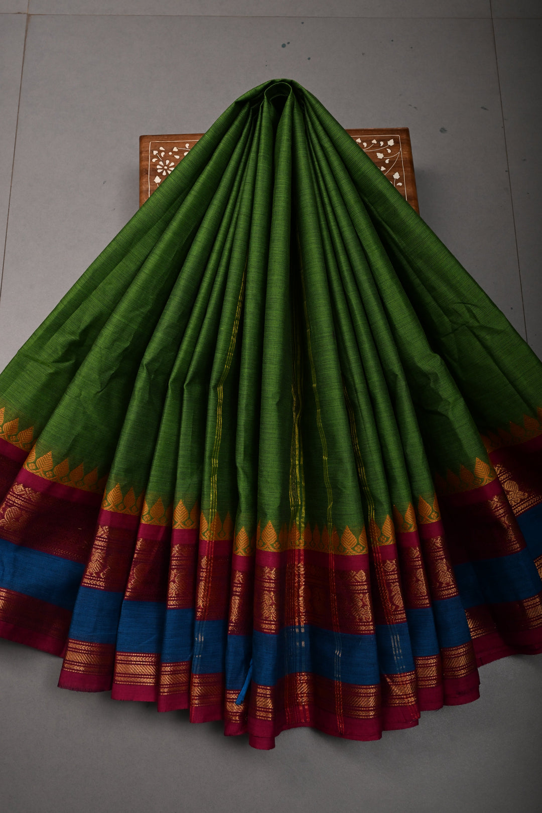 Parrot Green Kanchi Cotton Saree with Contrast Zari Borders | SHOBITAM