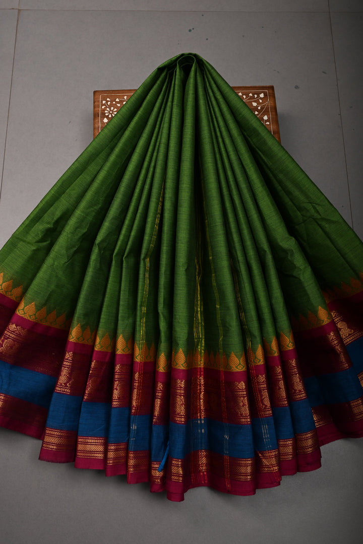 Parrot Green Kanchi Cotton Saree with Contrast Zari Borders | SHOBITAM
