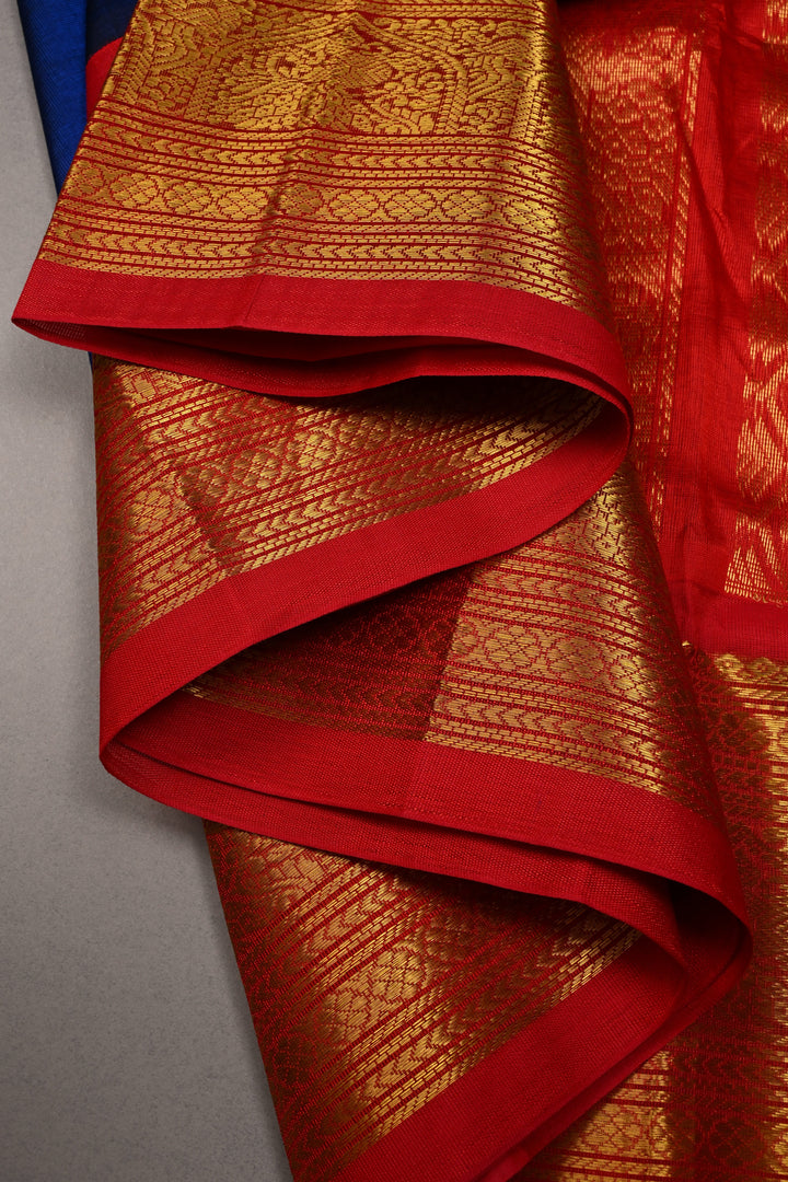 Sapphion Blue Korvai Kanchi Silk Cotton Handloom Saree with Checks Pattern and Contrast Zari Border