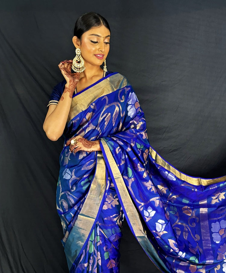 Pre Order Kimaya - Royal Blue Handwoven Jamdani Silk Saree | SILK MARK CERTIFIED | SHOBITAM