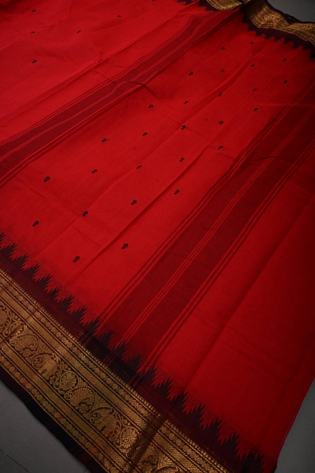 Blood Red Kanchi Cotton Saree with Thread Buttas and Contrast Zari Borders | SHOBITAM