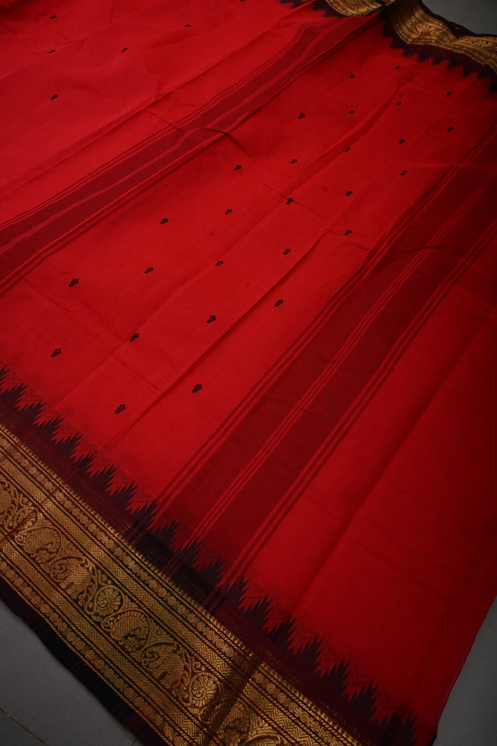 Blood Red Kanchi Cotton Saree with Thread Buttas and Contrast Zari Borders | SHOBITAM