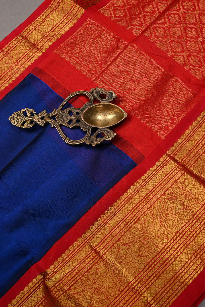 Sapphion Blue Korvai Kanchi Silk Cotton Handloom Saree with Checks Pattern and Contrast Zari Border