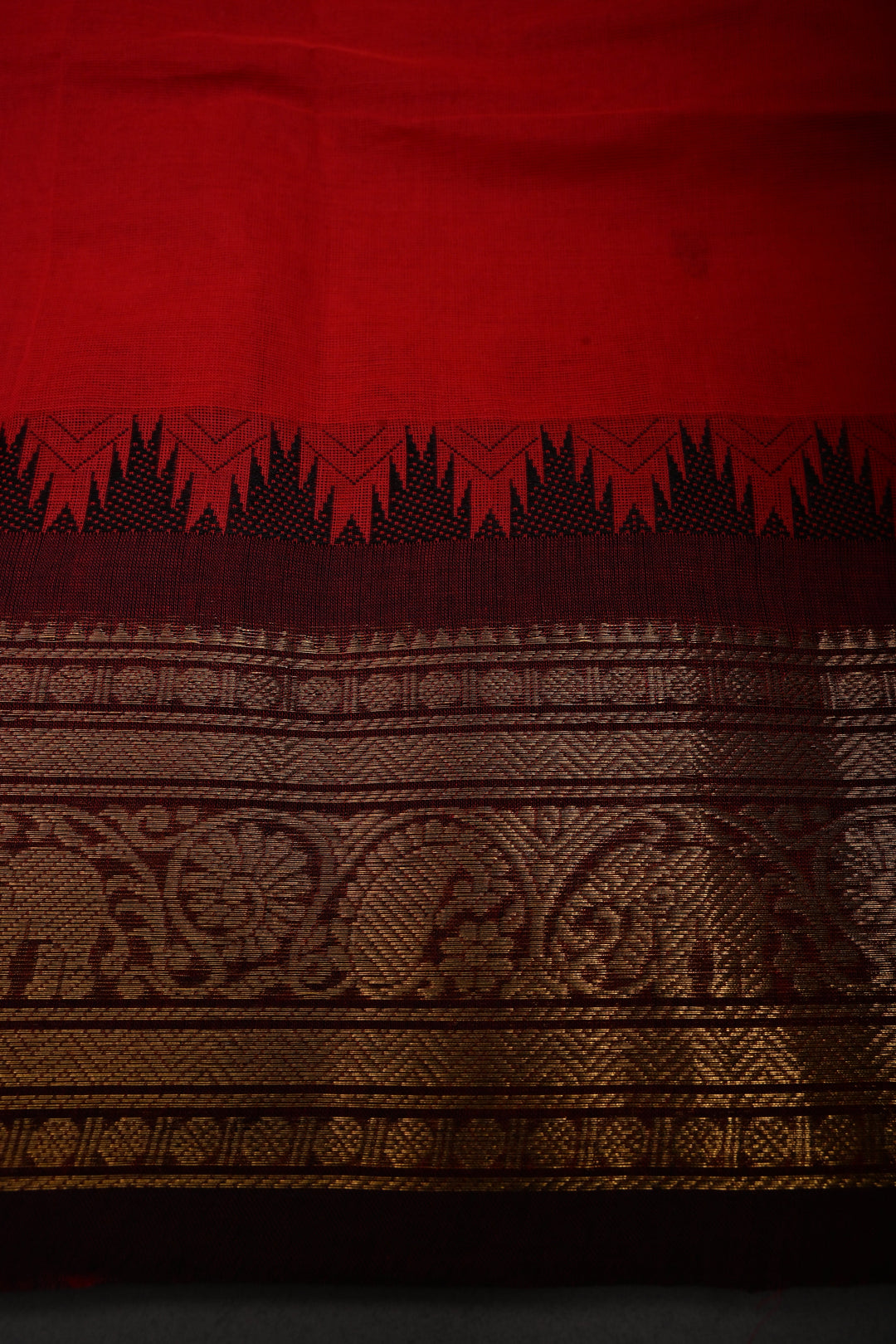 Blood Red Kanchi Cotton Saree with Thread Buttas and Contrast Zari Borders | SHOBITAM