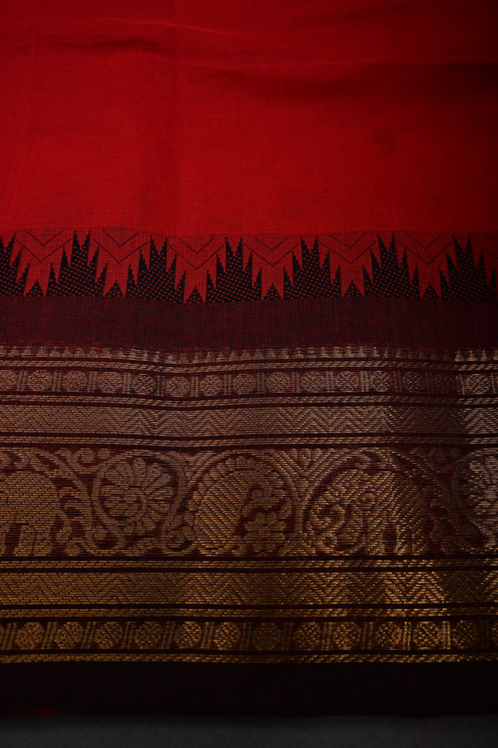 Blood Red Kanchi Cotton Saree with Thread Buttas and Contrast Zari Borders | SHOBITAM