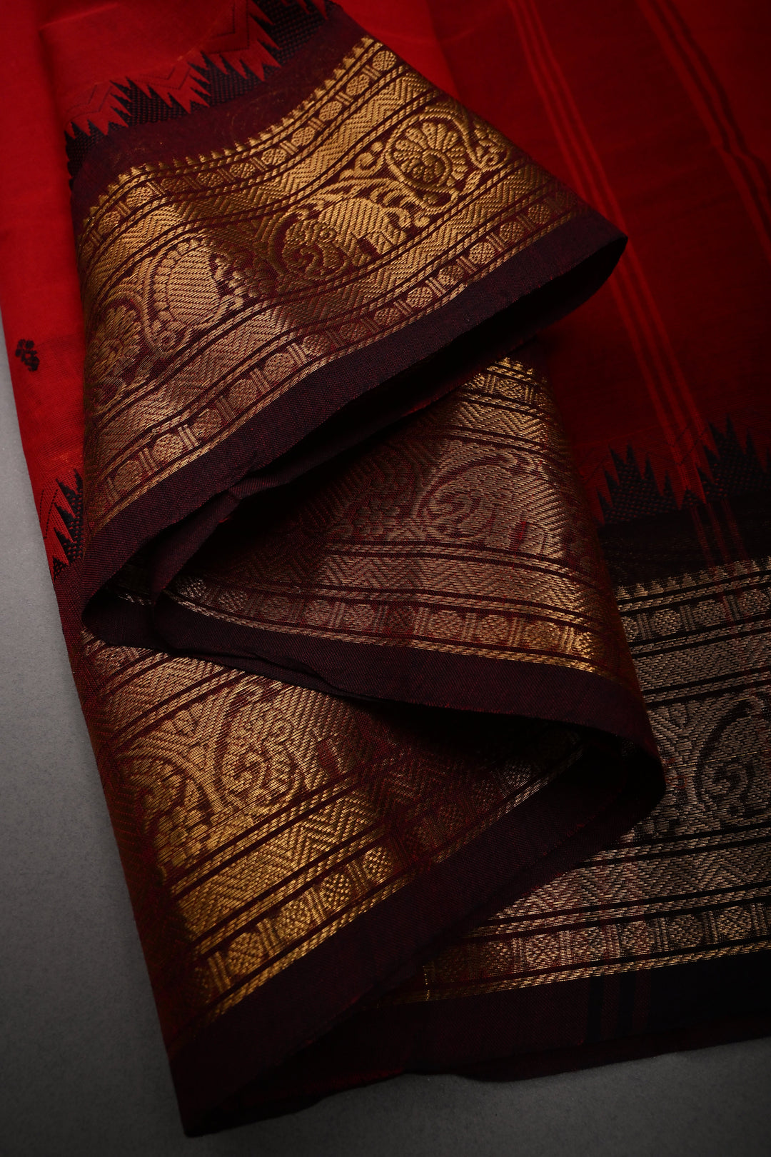 Blood Red Kanchi Cotton Saree with Thread Buttas and Contrast Zari Borders | SHOBITAM