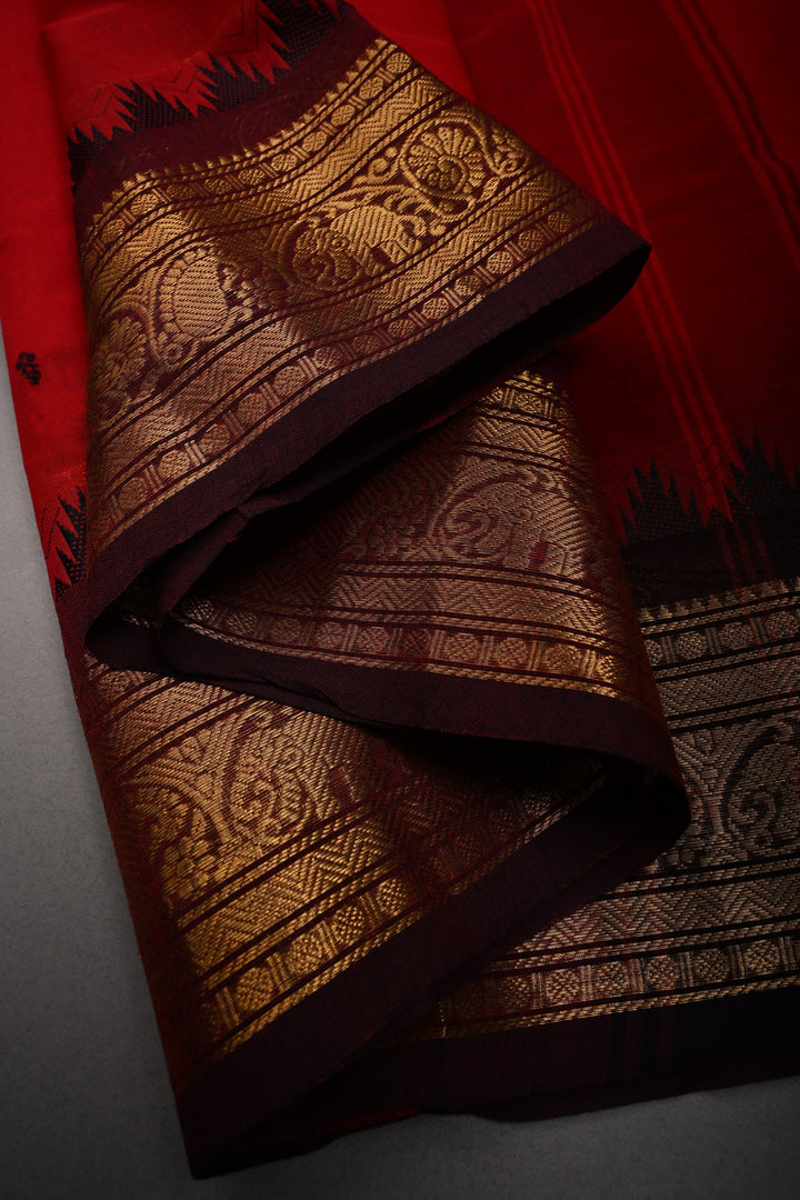 Blood Red Kanchi Cotton Saree with Thread Buttas and Contrast Zari Borders | SHOBITAM