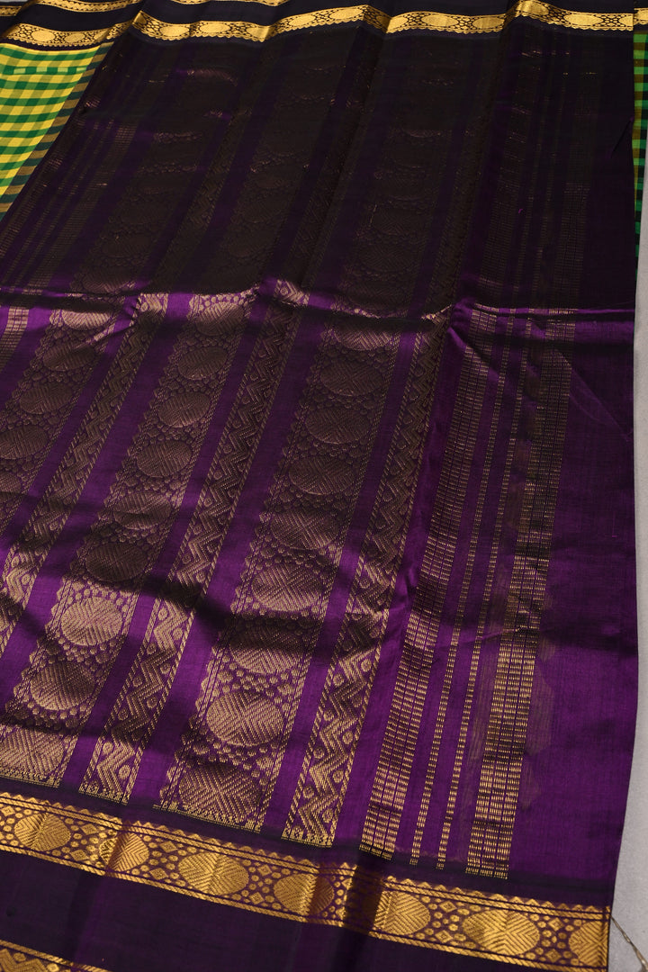 Yellow-Green Charming Vintage Checks on Kanchi Silk Cotton Saree with Contrast Zari border | SHOBITAM