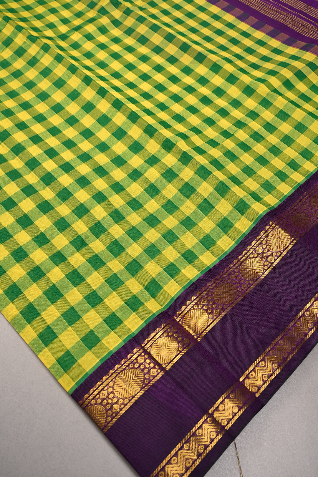 Yellow-Green Charming Vintage Checks on Kanchi Silk Cotton Saree with Contrast Zari border | SHOBITAM