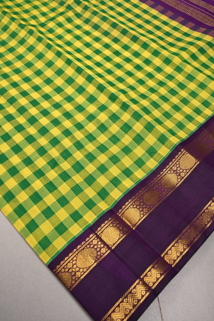 Yellow-Green Charming Vintage Checks on Kanchi Silk Cotton Saree with Contrast Zari border | SHOBITAM