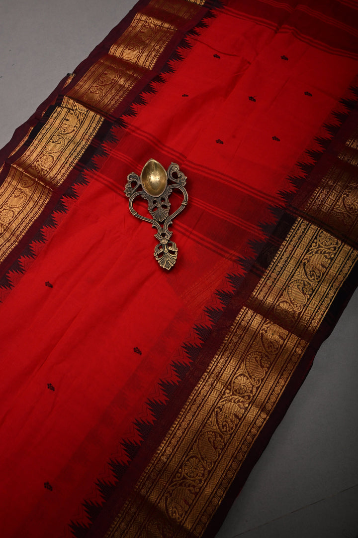 Blood Red Kanchi Cotton Saree with Thread Buttas and Contrast Zari Borders | SHOBITAM