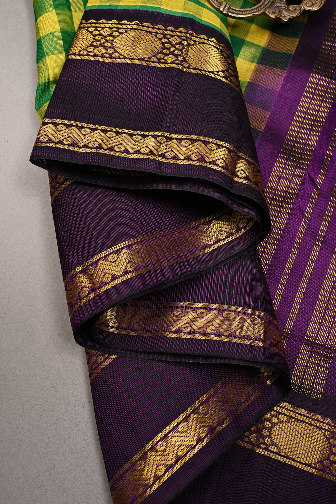 Yellow-Green Charming Vintage Checks on Kanchi Silk Cotton Saree with Contrast Zari border | SHOBITAM