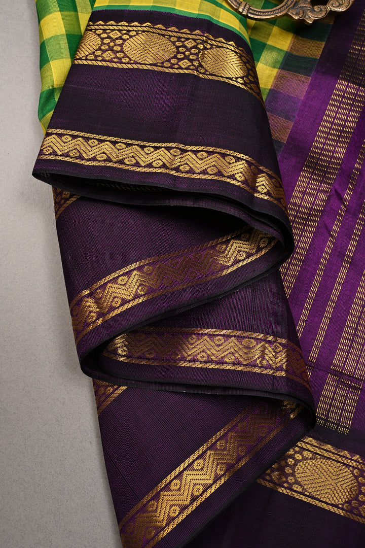 Yellow-Green Charming Vintage Checks on Kanchi Silk Cotton Saree with Contrast Zari border | SHOBITAM