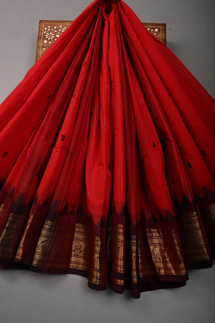 Blood Red Kanchi Cotton Saree with Thread Buttas and Contrast Zari Borders | SHOBITAM