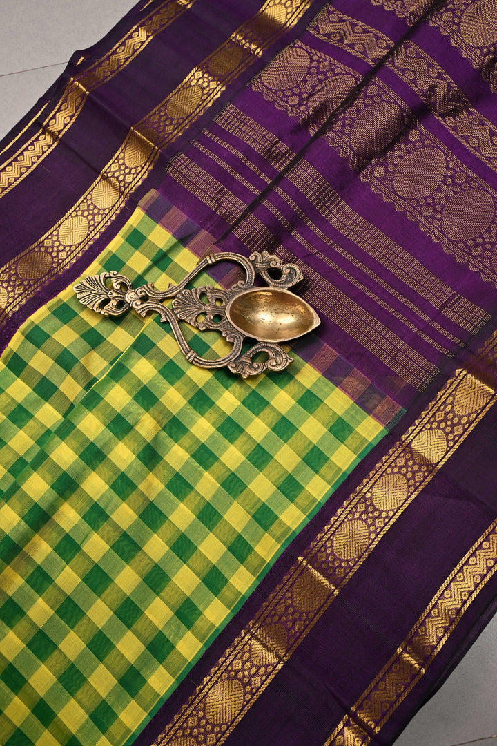 Yellow-Green Charming Vintage Checks on Kanchi Silk Cotton Saree with Contrast Zari border | SHOBITAM