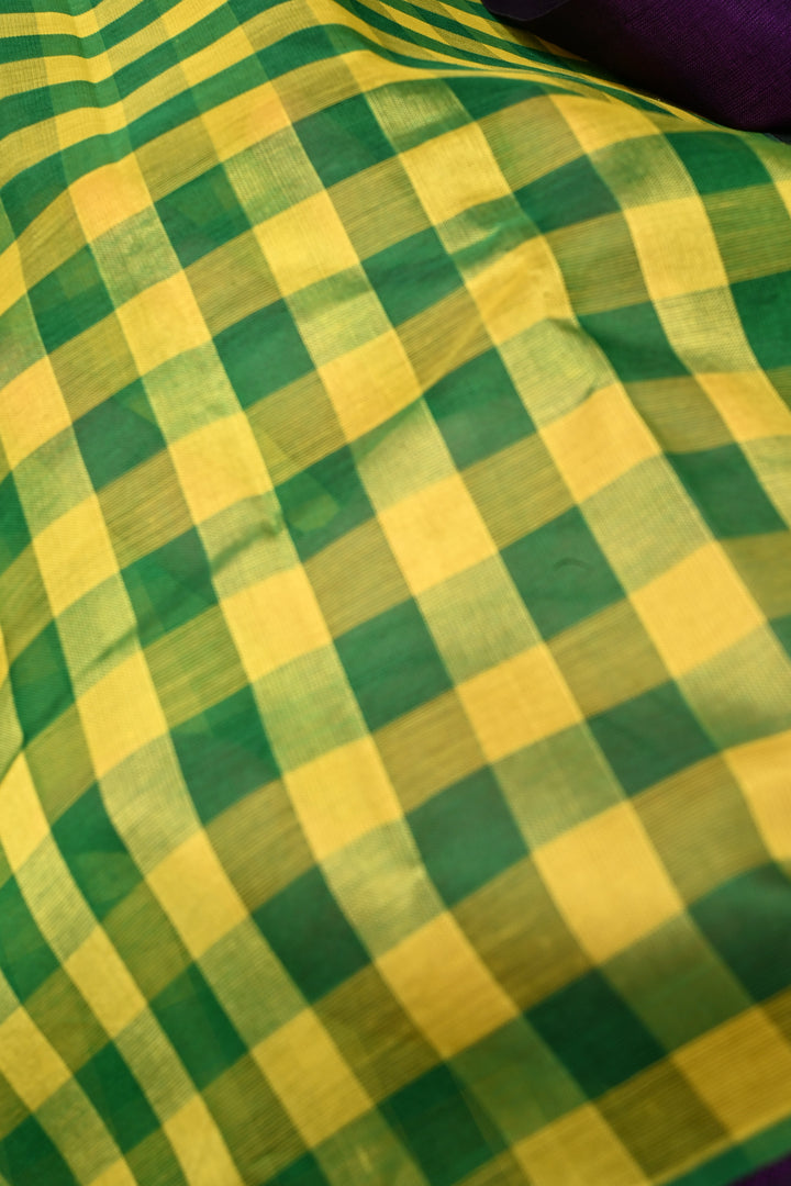 Yellow-Green Charming Vintage Checks on Kanchi Silk Cotton Saree with Contrast Zari border | SHOBITAM