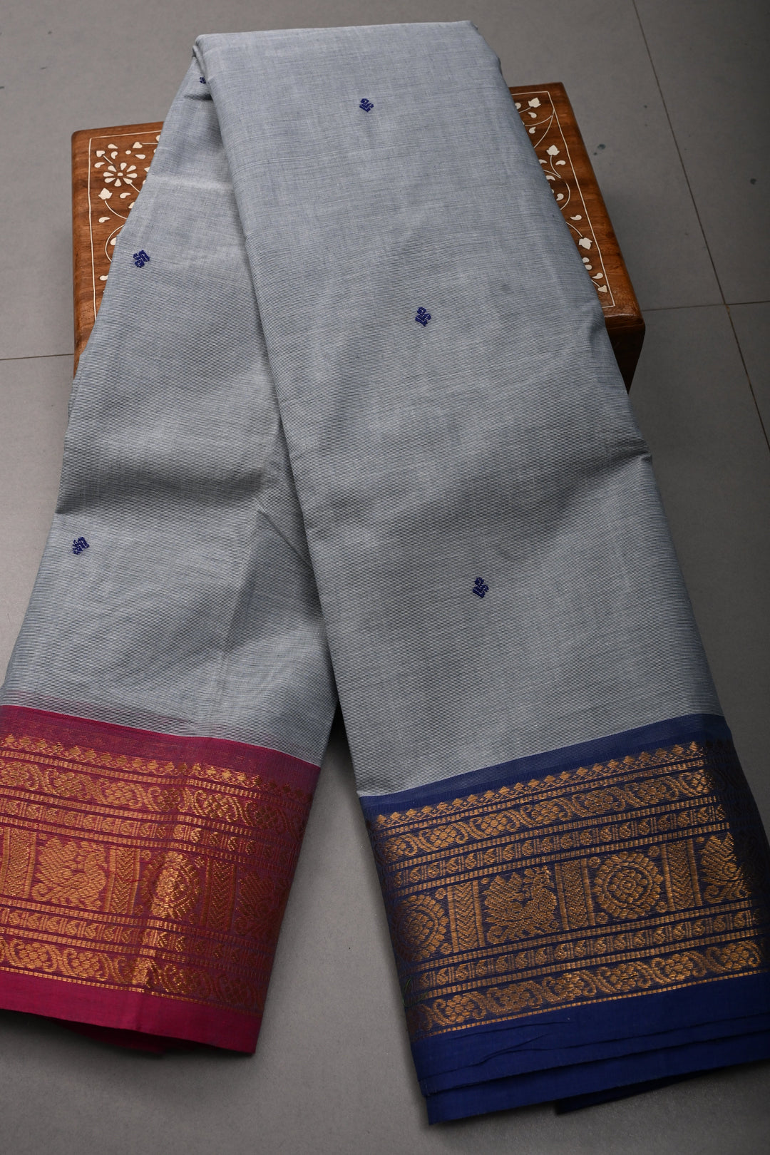 Cement Gray Kanchi Cotton Saree with Meenakari Thread Buttas and Ganga Jamuna Contrast Zari Borders | SHOBITAM
