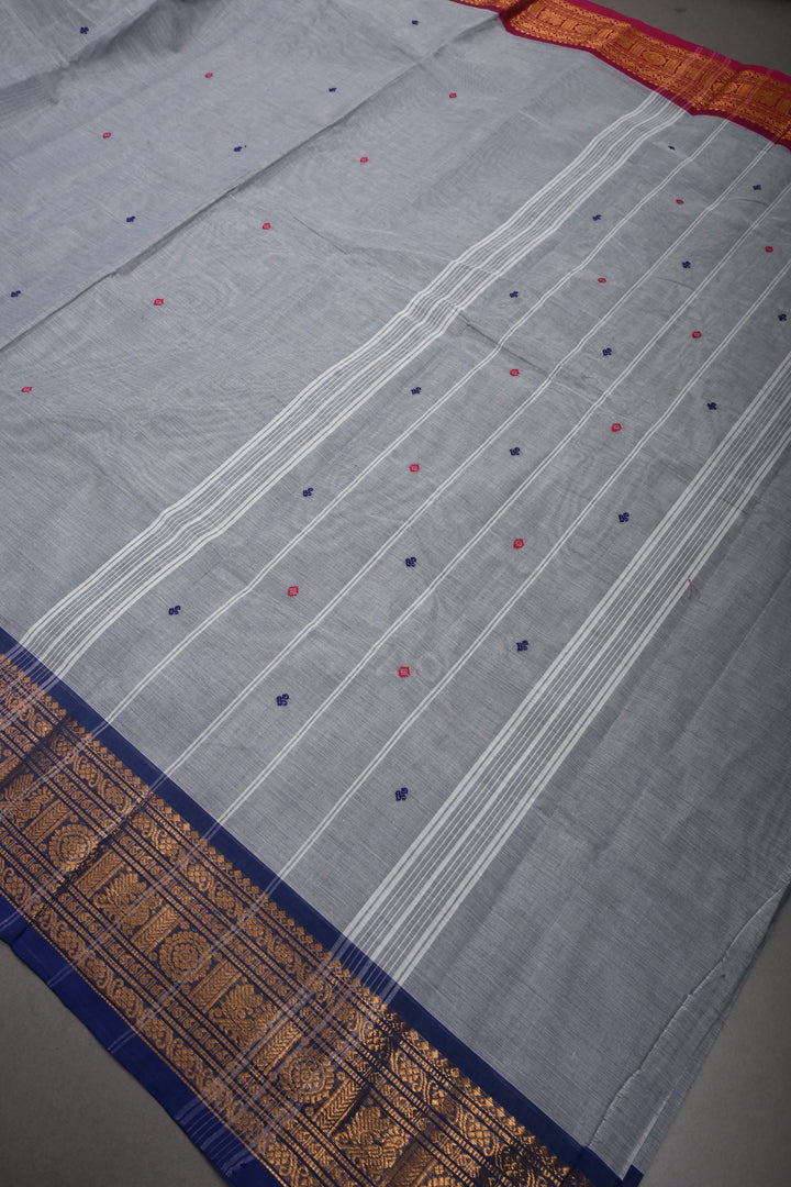 Cement Gray Kanchi Cotton Saree with Meenakari Thread Buttas and Ganga Jamuna Contrast Zari Borders | SHOBITAM