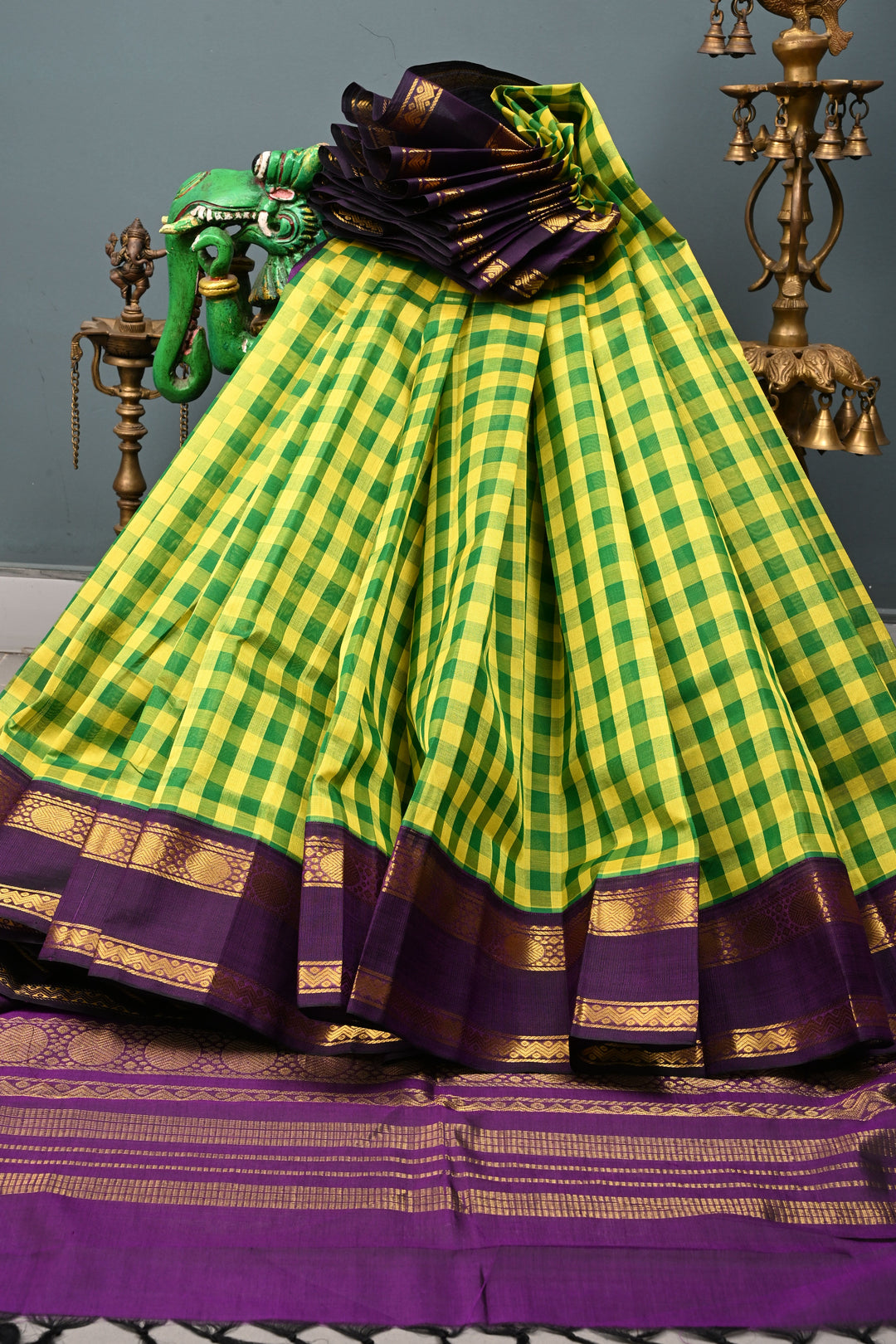 Yellow-Green Charming Vintage Checks on Kanchi Silk Cotton Saree with Contrast Zari border | SHOBITAM