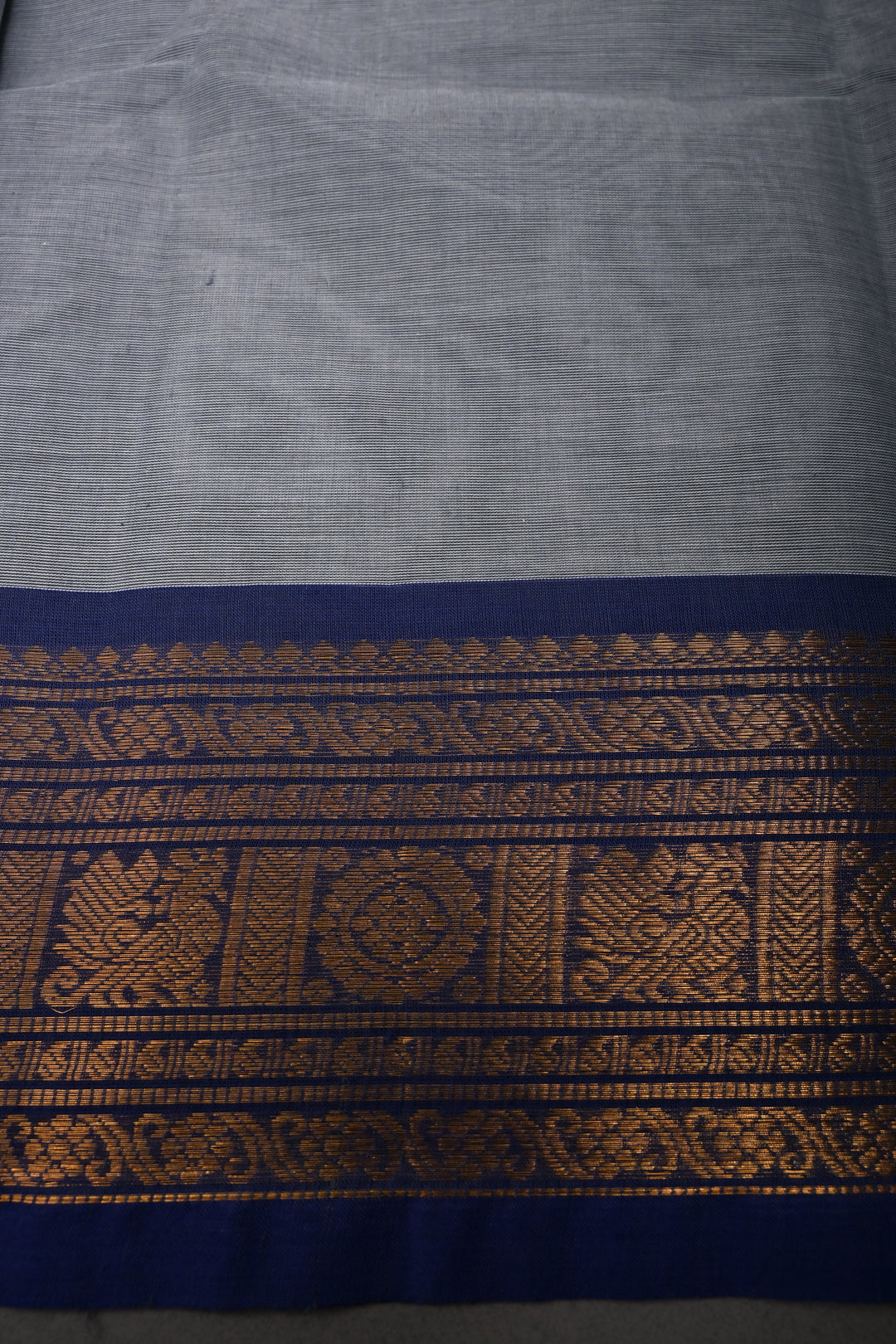Cement Gray Kanchi Cotton Saree with Meenakari Thread Buttas and Ganga Jamuna Contrast Zari Borders | SHOBITAM
