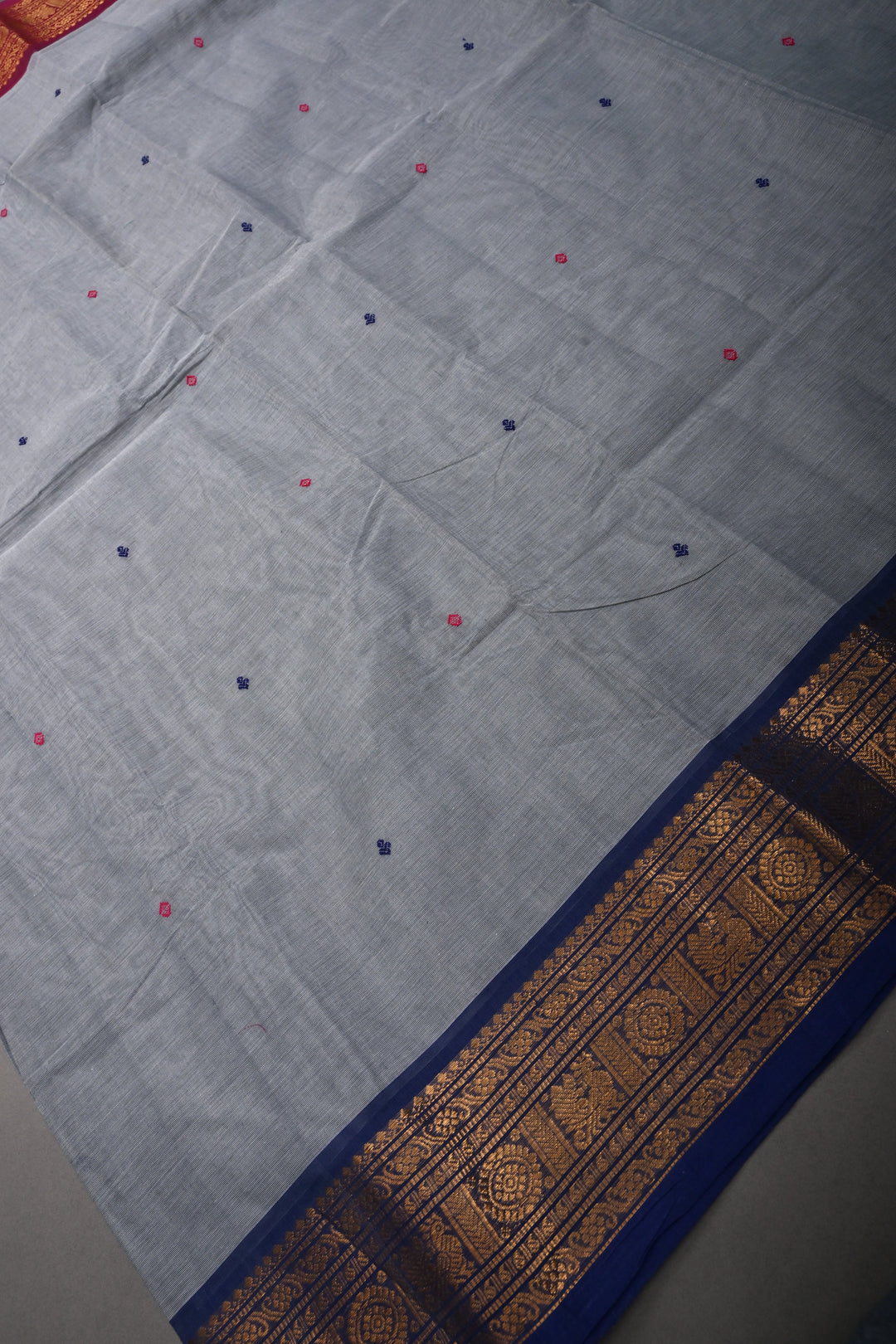 Cement Gray Kanchi Cotton Saree with Meenakari Thread Buttas and Ganga Jamuna Contrast Zari Borders | SHOBITAM