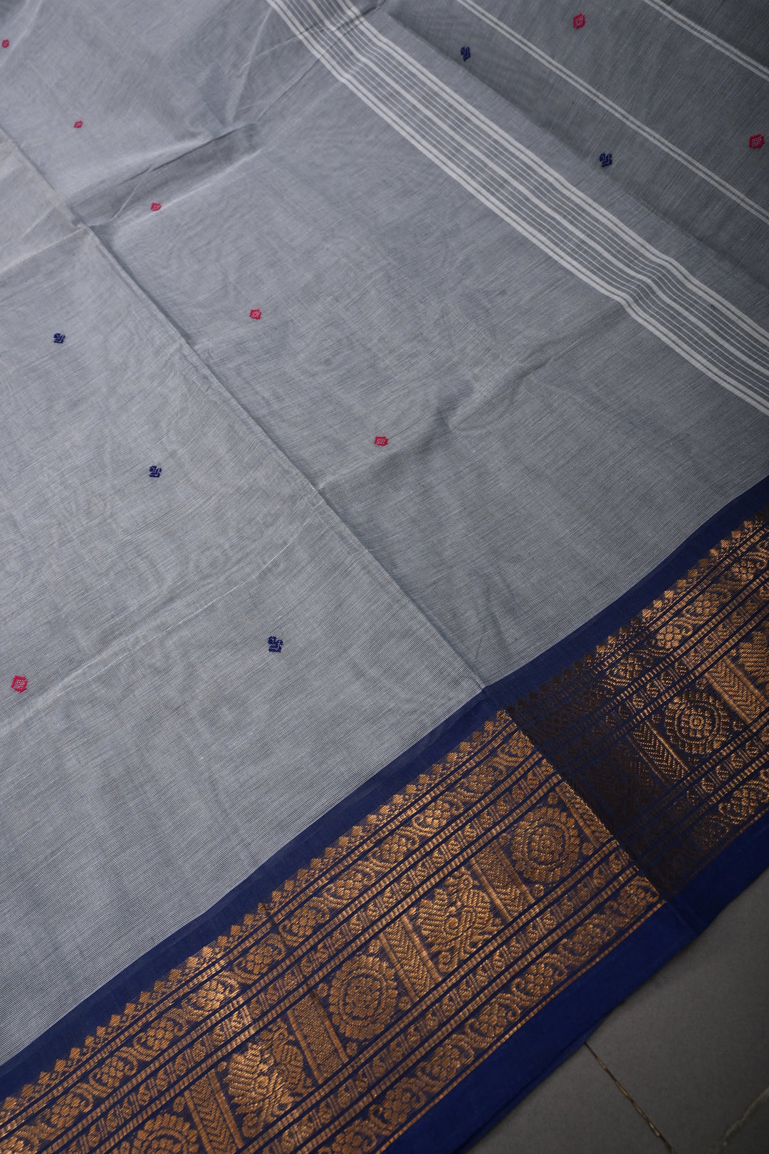 Cement Gray Kanchi Cotton Saree with Meenakari Thread Buttas and Ganga Jamuna Contrast Zari Borders | SHOBITAM