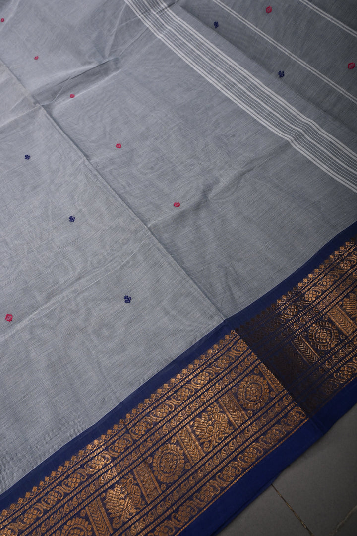 Cement Gray Kanchi Cotton Saree with Meenakari Thread Buttas and Ganga Jamuna Contrast Zari Borders | SHOBITAM