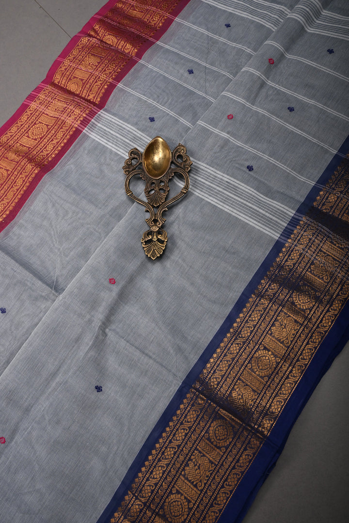 Cement Gray Kanchi Cotton Saree with Meenakari Thread Buttas and Ganga Jamuna Contrast Zari Borders | SHOBITAM