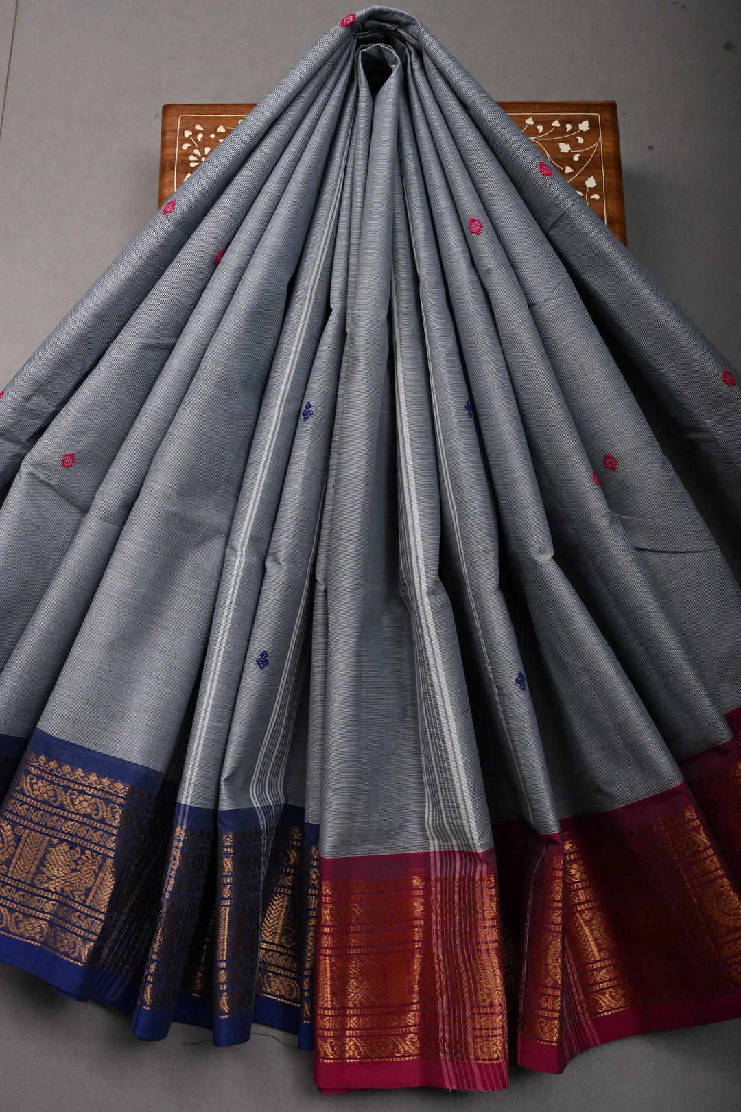 Cement Gray Kanchi Cotton Saree with Meenakari Thread Buttas and Ganga Jamuna Contrast Zari Borders | SHOBITAM