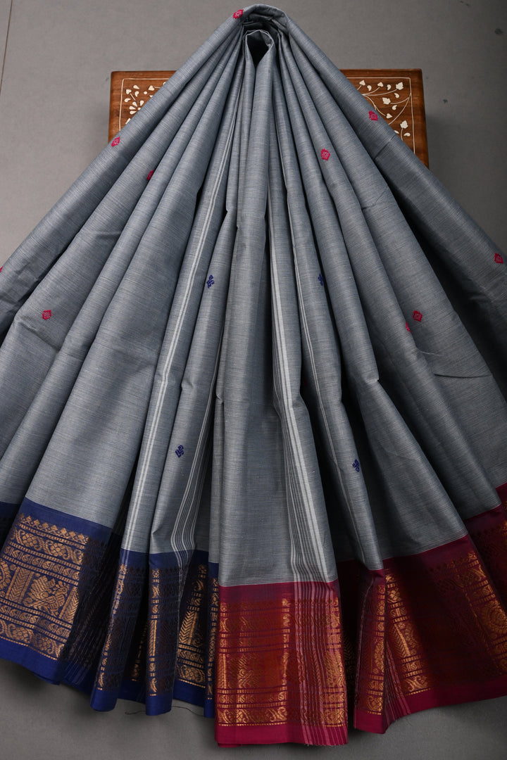Cement Gray Kanchi Cotton Saree with Meenakari Thread Buttas and Ganga Jamuna Contrast Zari Borders | SHOBITAM