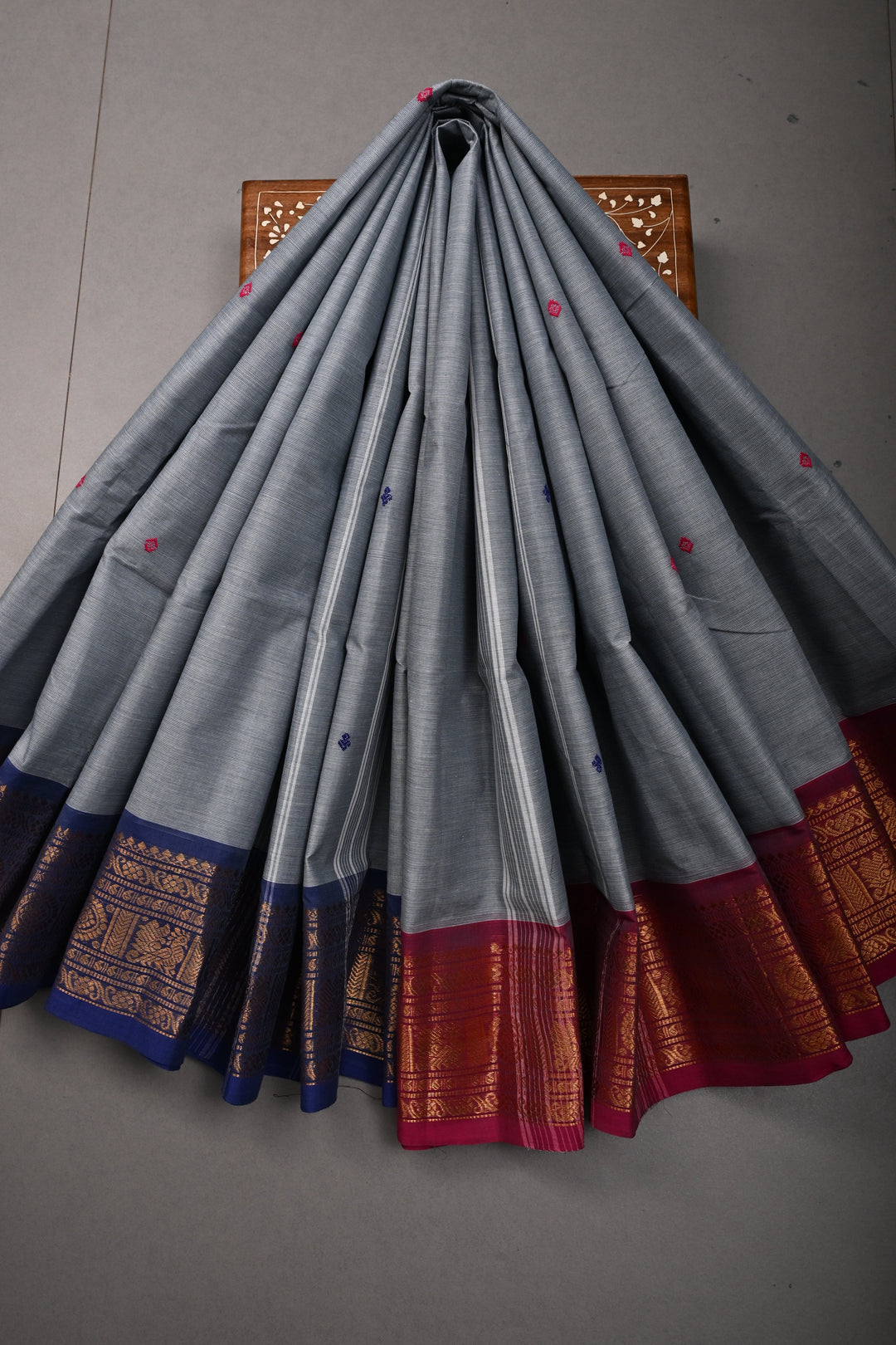 Cement Gray Kanchi Cotton Saree with Meenakari Thread Buttas and Ganga Jamuna Contrast Zari Borders | SHOBITAM