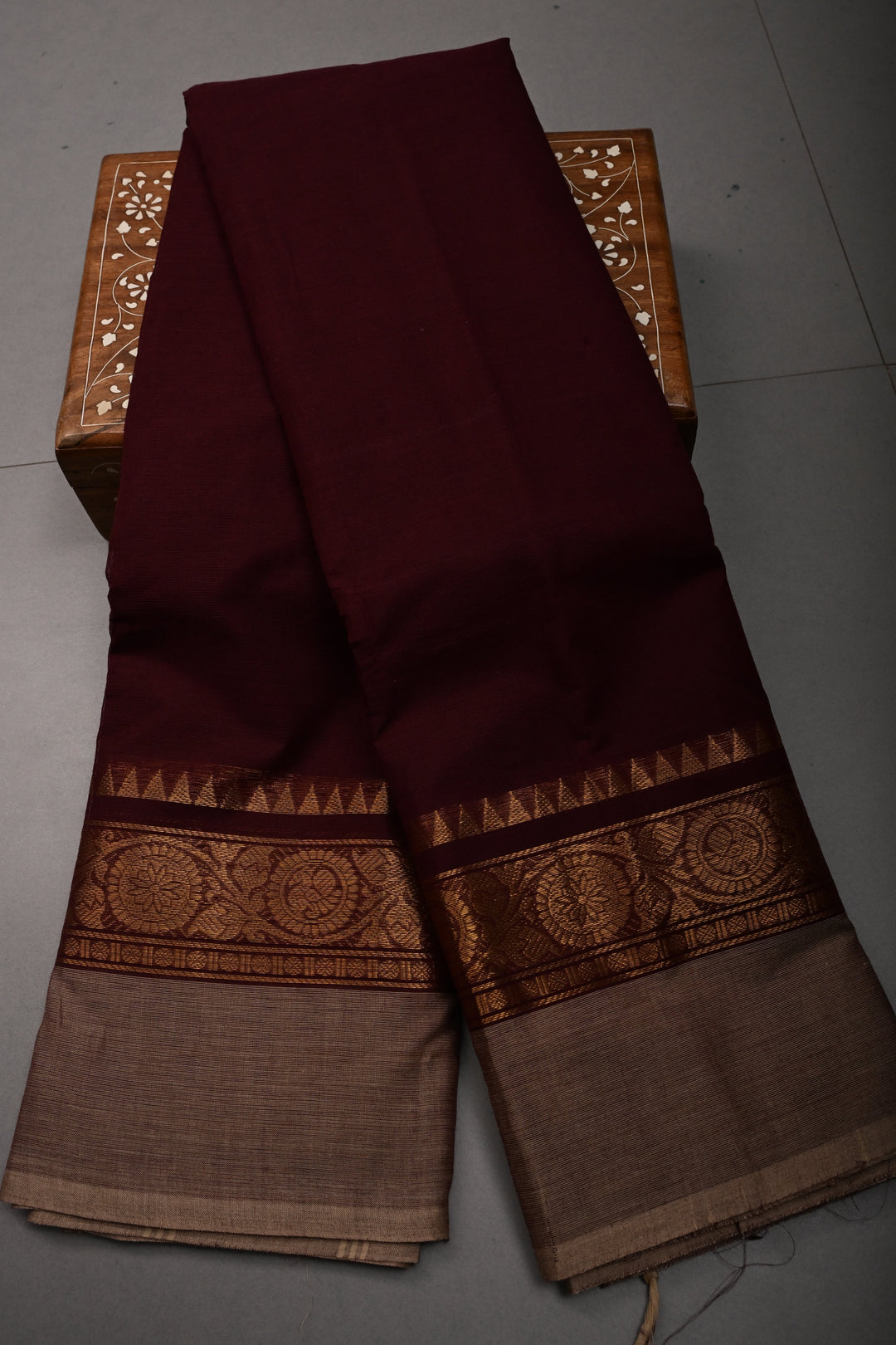 Chocolate Brown Kanchi Cotton Saree with Contrast Zari Borders | SHOBITAM