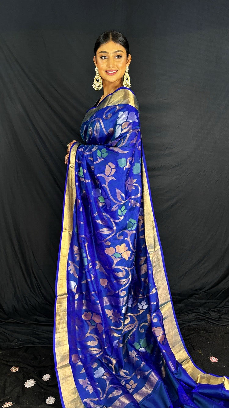 Pre Order Kimaya - Royal Blue Handwoven Jamdani Silk Saree | SILK MARK CERTIFIED | SHOBITAM