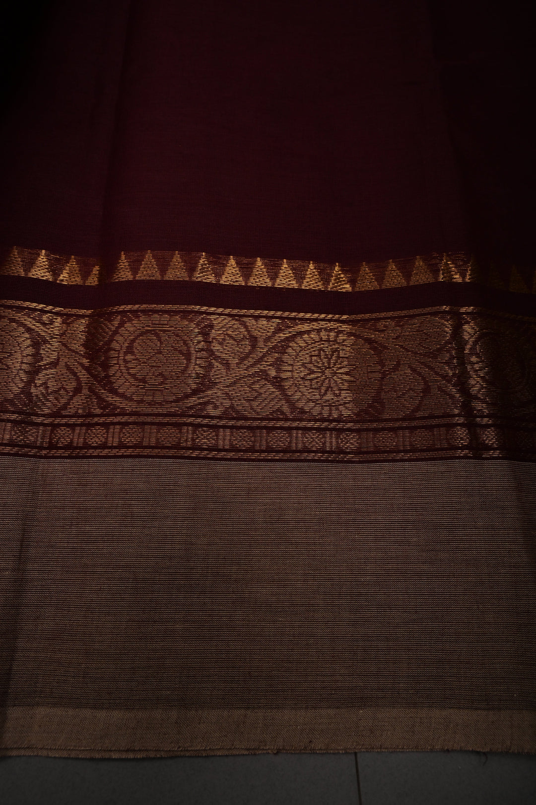 Chocolate Brown Kanchi Cotton Saree with Contrast Zari Borders | SHOBITAM