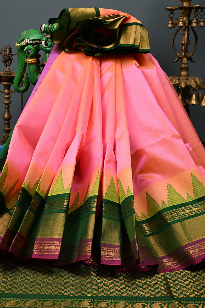 Pink Dual Tone on Kanchi Silk Cotton Saree with Zari Buttas and Contrast Tissue Zari Border | SHOBITAM