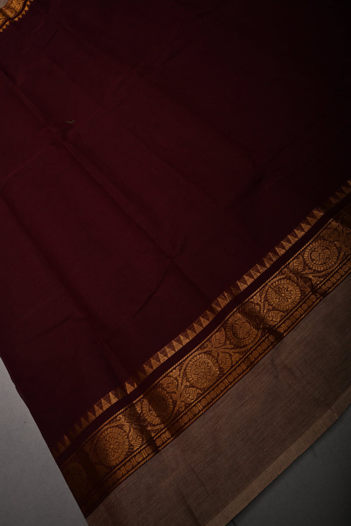 Chocolate Brown Kanchi Cotton Saree with Contrast Zari Borders | SHOBITAM
