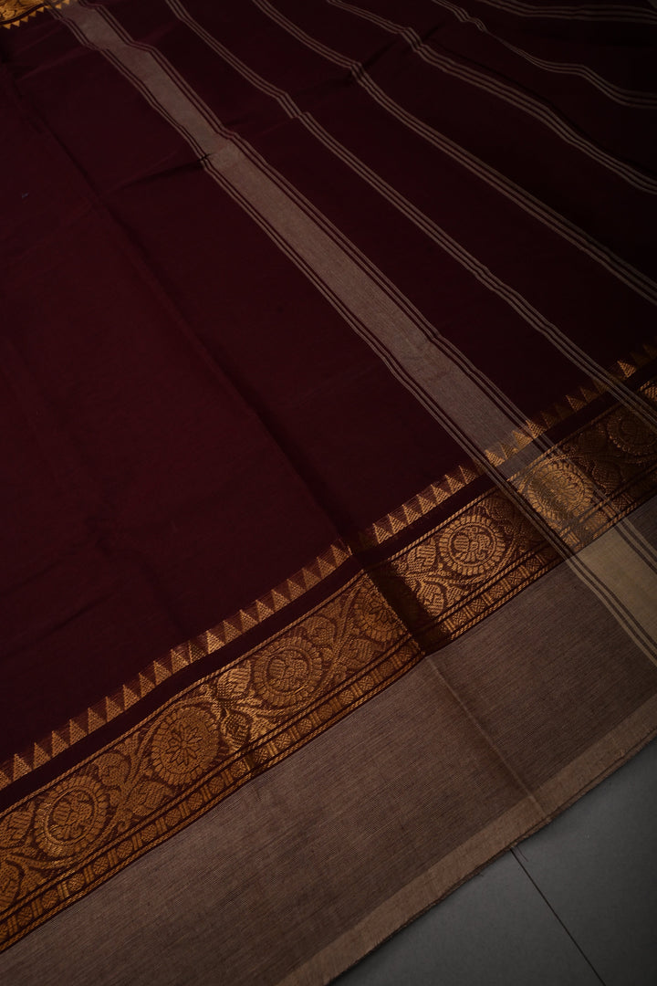 Chocolate Brown Kanchi Cotton Saree with Contrast Zari Borders | SHOBITAM