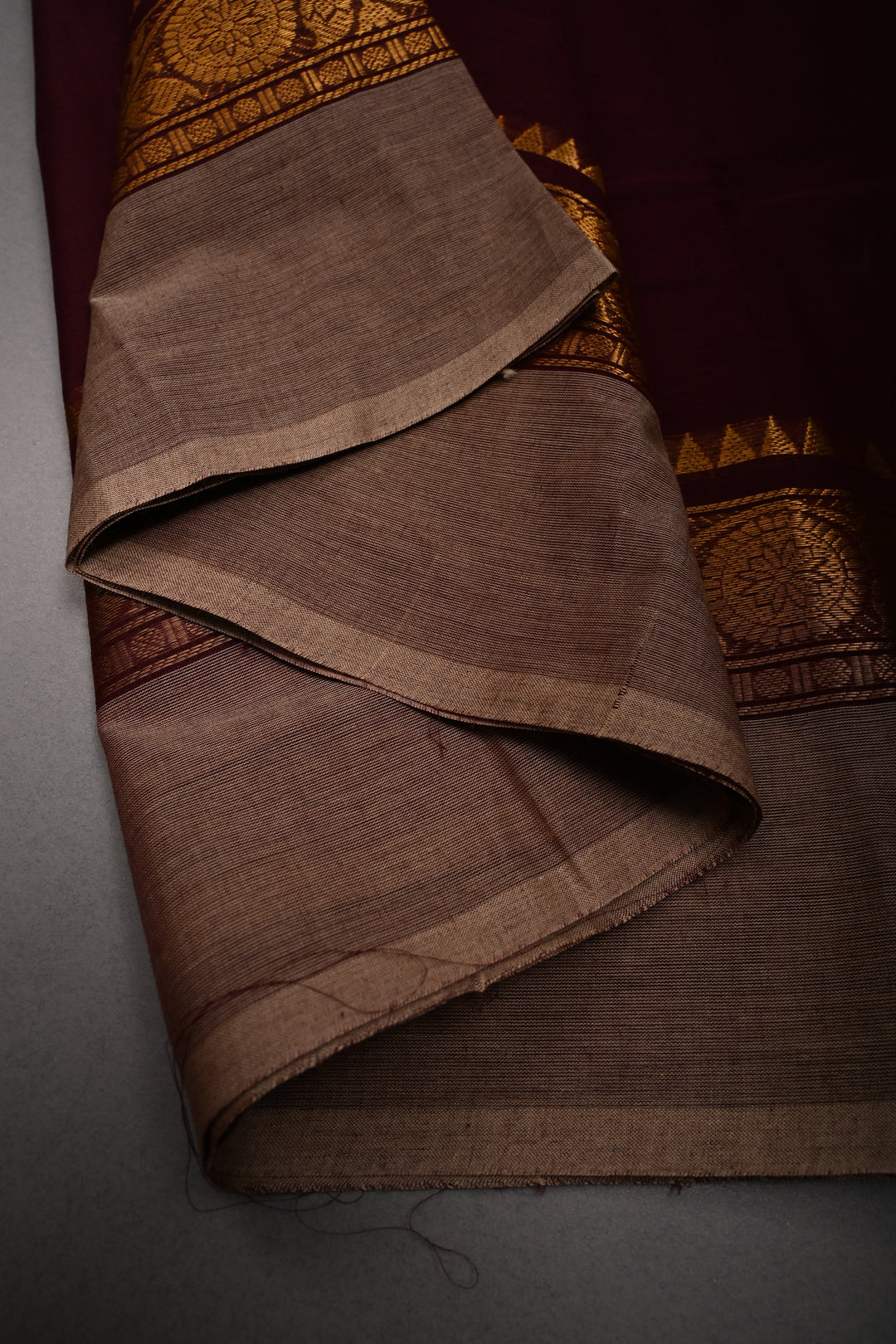 Chocolate Brown Kanchi Cotton Saree with Contrast Zari Borders | SHOBITAM