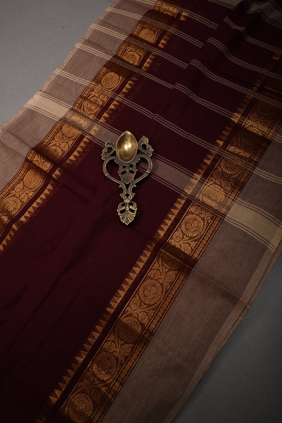 Chocolate Brown Kanchi Cotton Saree with Contrast Zari Borders | SHOBITAM