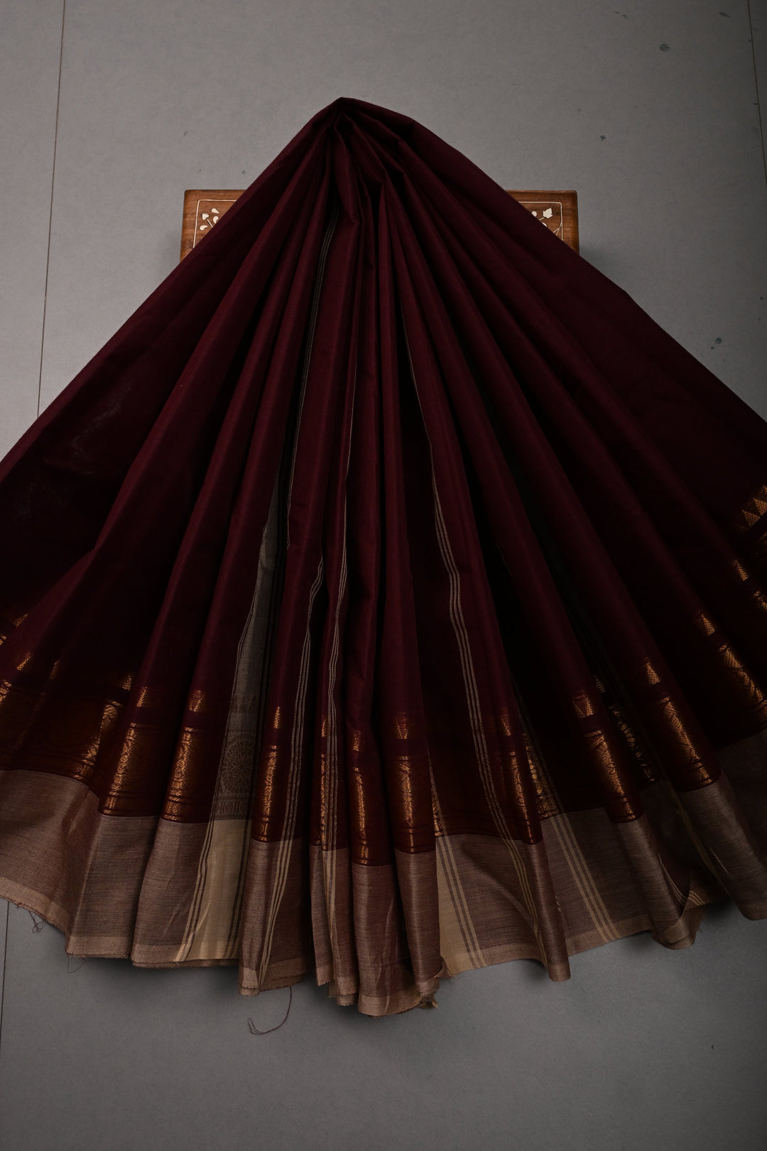 Chocolate Brown Kanchi Cotton Saree with Contrast Zari Borders | SHOBITAM