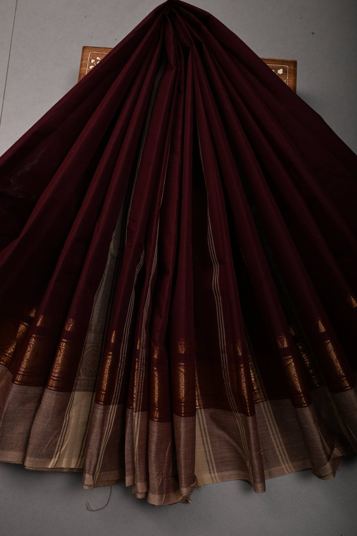 Chocolate Brown Kanchi Cotton Saree with Contrast Zari Borders | SHOBITAM
