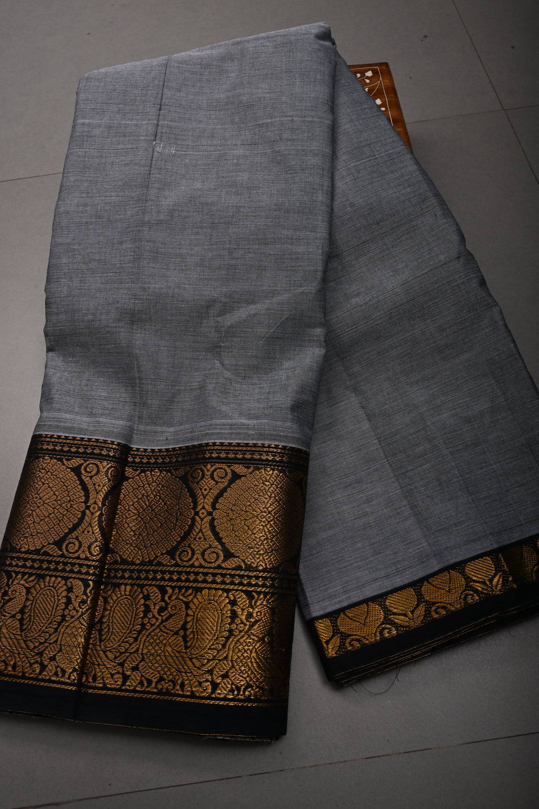 Gray Kanchi Cotton Saree with Contrast Zari Borders | SHOBITAM
