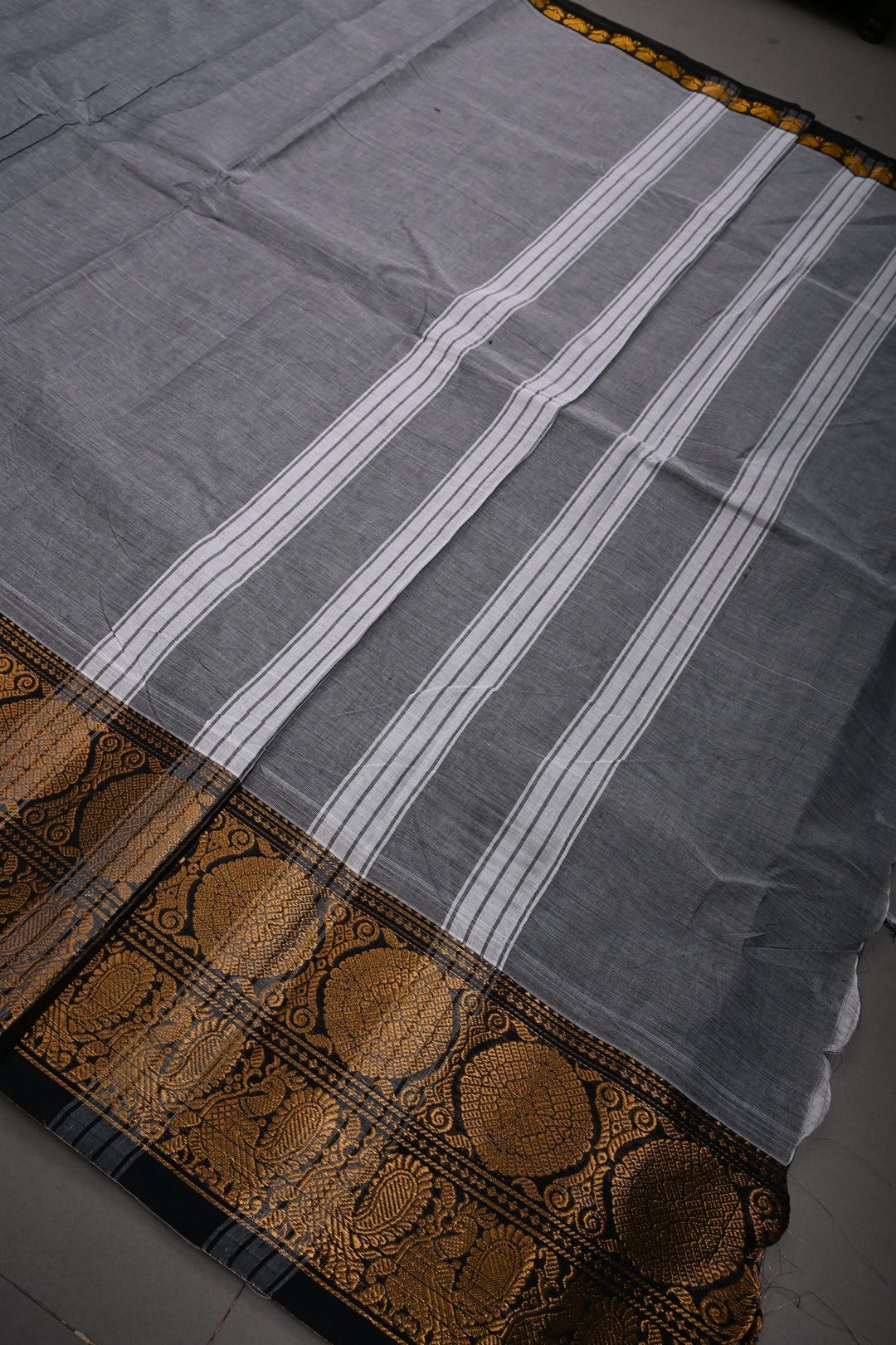 Gray Kanchi Cotton Saree with Contrast Zari Borders | SHOBITAM