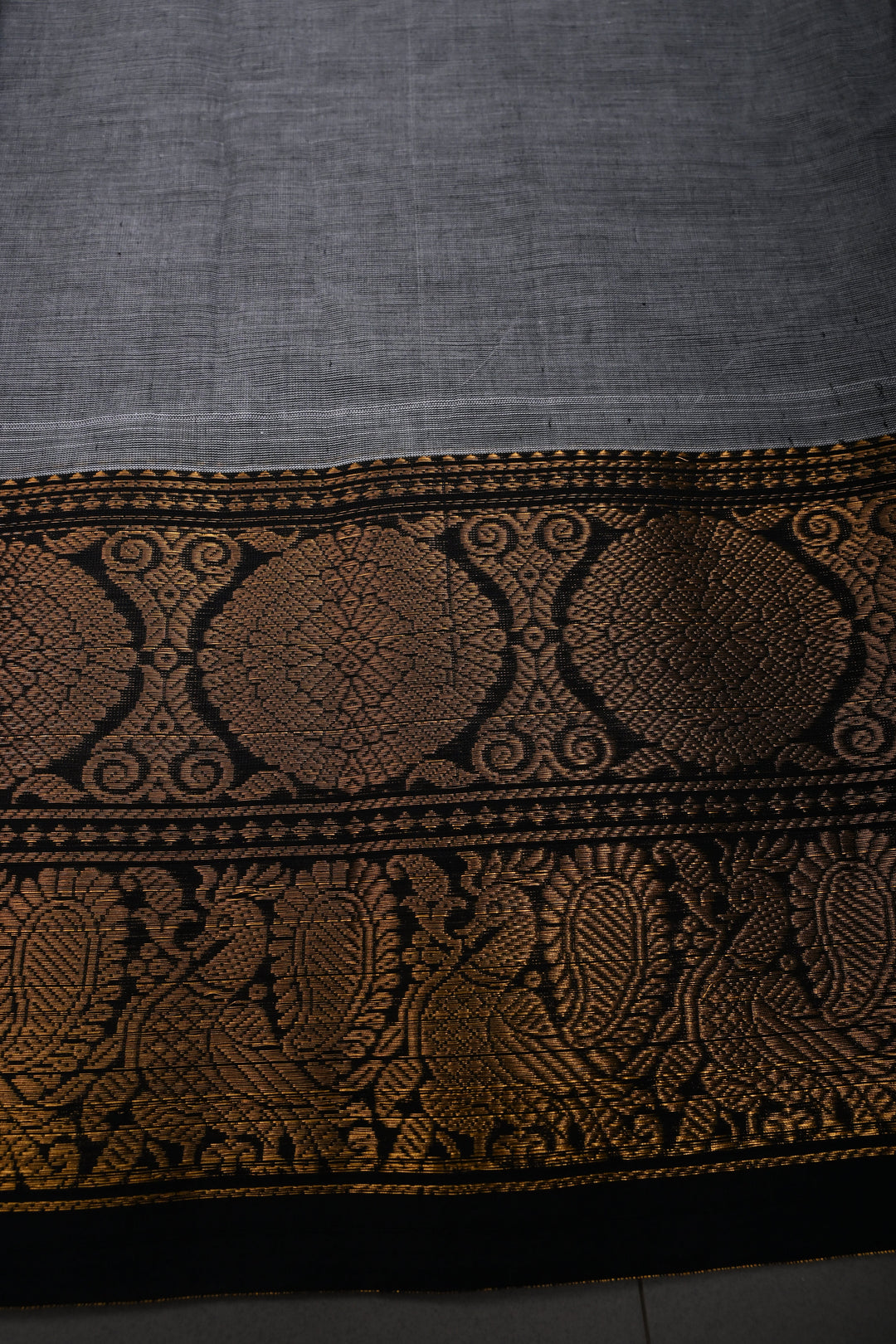 Gray Kanchi Cotton Saree with Contrast Zari Borders | SHOBITAM
