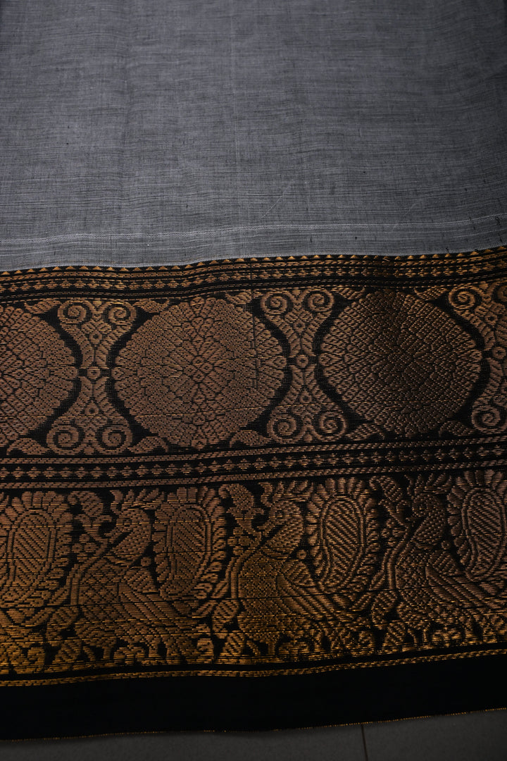 Gray Kanchi Cotton Saree with Contrast Zari Borders | SHOBITAM