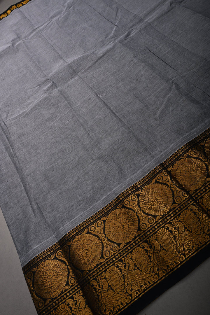 Gray Kanchi Cotton Saree with Contrast Zari Borders | SHOBITAM