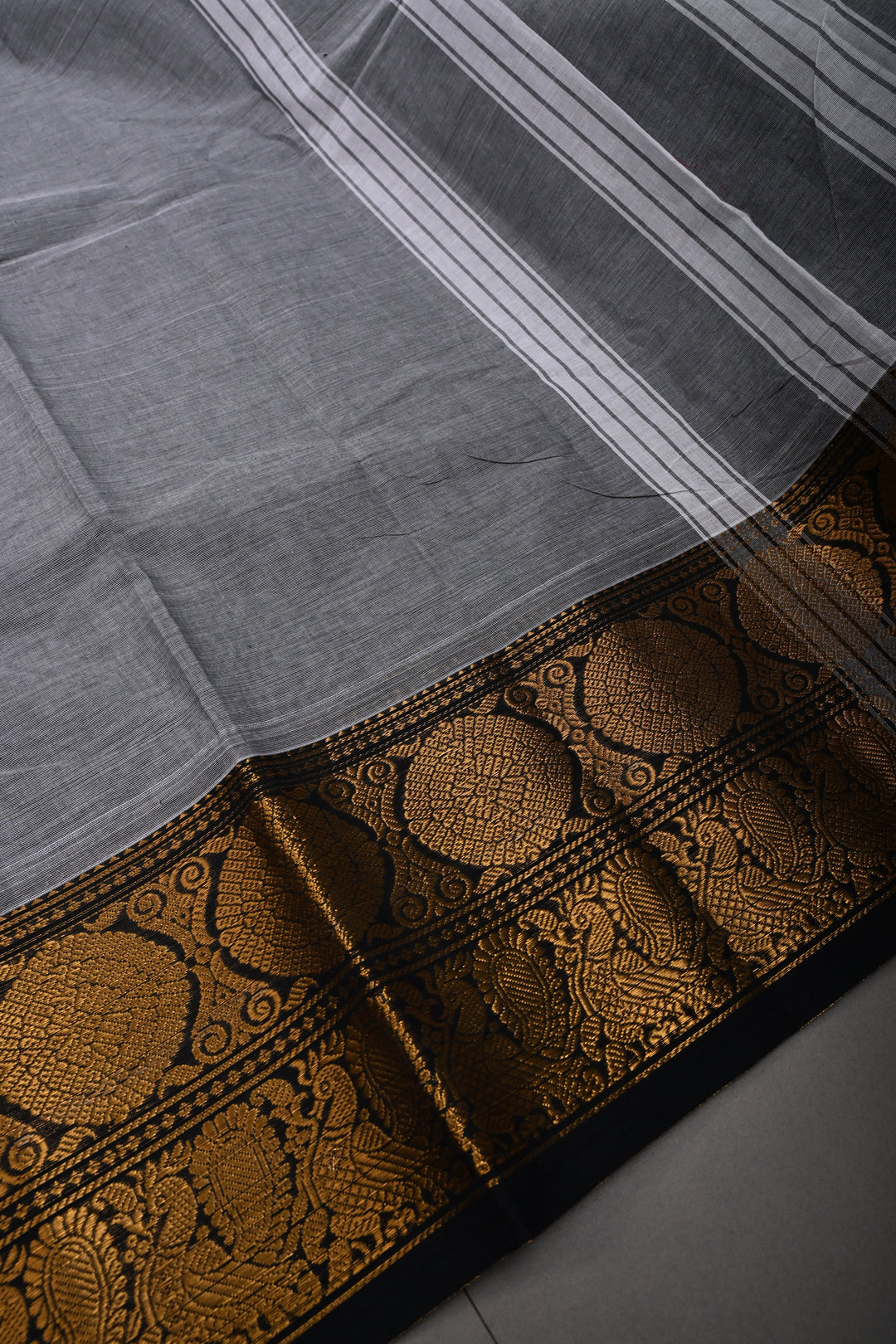 Gray Kanchi Cotton Saree with Contrast Zari Borders | SHOBITAM